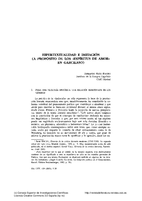 Hipertextualidad e imitación (A propósito de los «espíritus de amor» en Garcilaso)