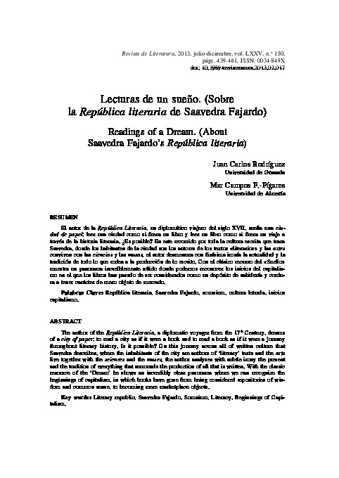 Lecturas de un sueño. (Sobre la República literaria de Saavedra Fajardo)